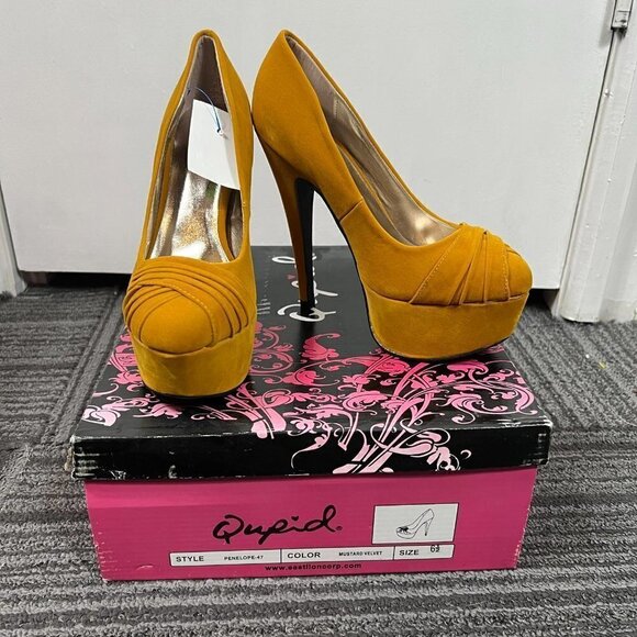Qupid Penelope 47 Yellow Suede Ruched Platform Pumps. sz 6.5 - Picture 5 of 11
